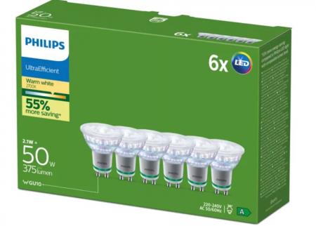 6er Set  Philips LED GU10 Spot 2,1W 2700K Warmweiß 36° – energieeffizienter 50W Ersatz